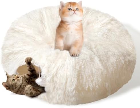Peekaboo Cat Cave with Washable Mat, Collapsible Cat Play Tunnel for Kittens & Small Pets, Plush Cat Donut Bed Tunnel, Beige