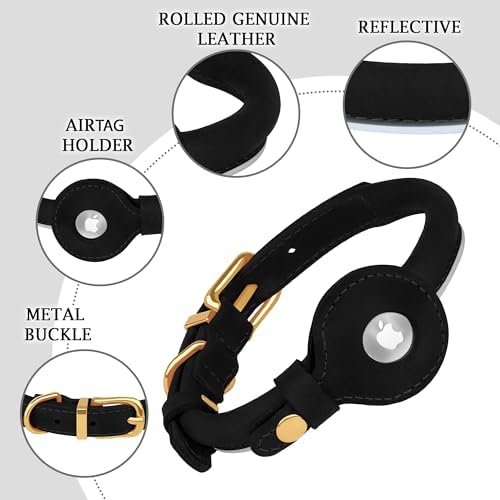 OOPSDOGGY Rolled Leather Dog Collar with Airtag Holder - Reflective Round Airtag Dog Collar - Soft Tracking Pet Collar for Small Dogs Puppy Cats Kitten (Black, XL, 17"-21")