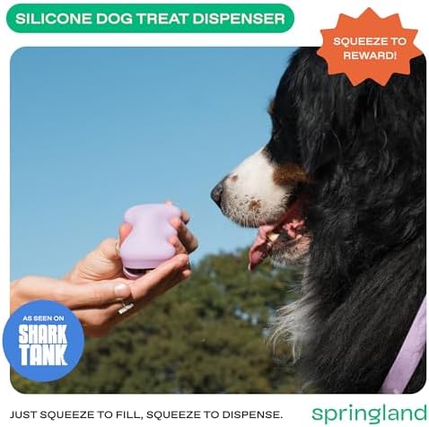 Springland Silicone Dog Training Treat Pouch for Leash, Lilac | One-hand squeeze dispenser, food-grade silicone, BPA-free, carabiner included, easy-fill holder for rewards on the go