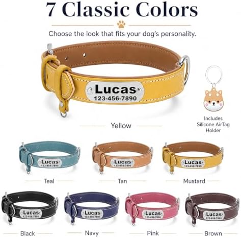 Personalized Genuine Leather Dog Collar with Name Phone Number-Yellow-S