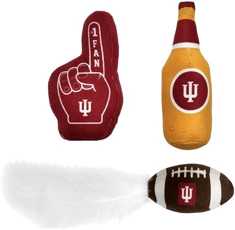 BEST PLUSH CAT TOY NCAA INDIANA HOOSIERS Complete Set of 3 piece Cat Toys filled with Fresh Catnip. Includes: 1 Helmet Cat Toy, 1 Football Cat Toy with Feathers & 1 Beer Bottle. Beautiful Team LOGO