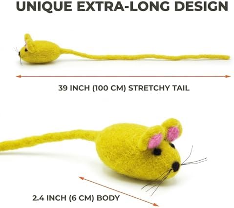 Glaciart One Felt Mouse Cat Toy – Soft Fuzzy Enrichment 100% Natural Wool - Interactive Catnip Play Cat Toy Set - Safe for Pets, Non-AZO Colored Dyes - 42” Long