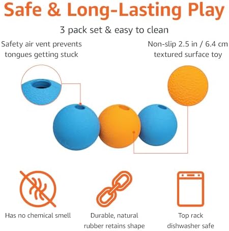 Amazon Basics Interactive Bouncy Supreme Durable Natural Rubber Dog Toy Balls, Easy to Clean, 2.5 inch, Blue, Orange, Pack of 3