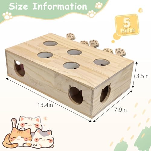 kathson Whack A Mole Cat Toy, Wooden Enrichment for Indoor Cat, Interactive Kitten Puzzle Toy for All Ages Cats Intelligence Training and Exercise (Rectangular)