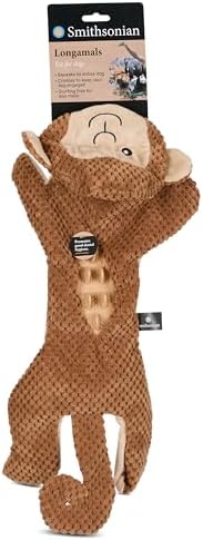 Smithsonian Longamals Monkey Plush Dog Toy – 20" Crinkle & Squeaky, Stuffing-Free Interactive Tug Toy for Medium & Large Dogs