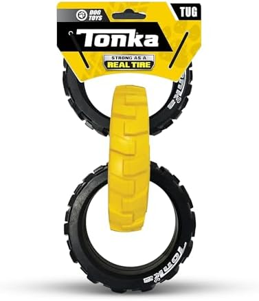 Tonka 3-Ring Tug Outdoor Dog Toy, 10.5 Inch Ring Dog Tug Toy for Medium and Large Breeds, Black/Yellow