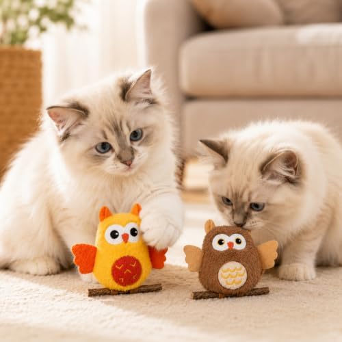 DODODOLA 2 PCS Interactive Cat Toys for Indoor Cats Owl Kitten Toys with 100% Pure Organic Catnip and Movable Silvervine Sticks Kittens Kitty Anxiety Relief Soft Cute Teething Chew Toys (BROWN+ORANGE)