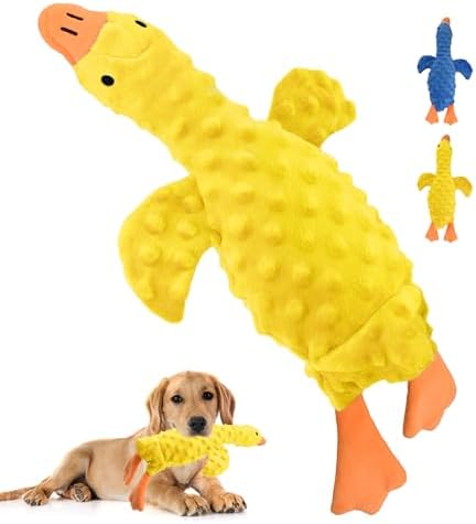 Squeaky Plush Dog Toy for All Breeds, Multifunctional Goose Dog Toy with Honking Sound, Crinkle Paper, Treat Pocket, Durable Soft Stuffed Animal for Chewing, Cuddling, Interactive Play (Yellow)