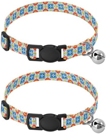 Floral Geometric Blue Collars for Puppies, 2 Pack Cat Collars with Bell