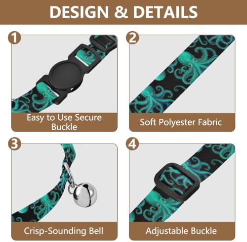 Blue Green Octopuses Black Cats Collar 2 Pack Collars for Puppies Adjustable 10.6 to 17.1 Inches