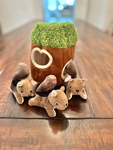 Glow Pups Squirrel in Tree Hide and Seek Plush Squirrel Inside Trunk Interactive Burrow Dog Toy for Small and Medium Size Dogs, Tree with Squirrels