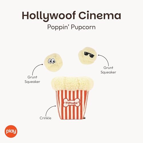 P.L.A.Y. Cute Plush Dog Toys - Hollywoof Cinema, Movie Themed Durable Squeaker Chew Toy, Great for Puppies & Small, Medium, Large Dog Breeds - Machine Washable, Recycled Materials (Poppin' Pupcorn)