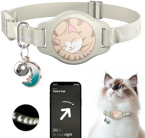 typecase Reflective Breakaway Cat Collar with AirTag Holder, Khaki & White | Khaki Reflective Breakaway Cat Collar With Bell And Silicone AirTag Holder; Adjustable 8-12 In; AirTag Not Included