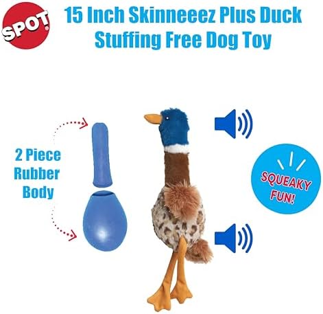 SPOT Skinneeez Plus Duck - Stuffing Free Dog Toy with Two Piece Rubber Body and Two Squeakers, Fun to Bite, Stuffingless Design is Great for Moderate Chewers, Tug Toy for Puppies & Dogs - 15in