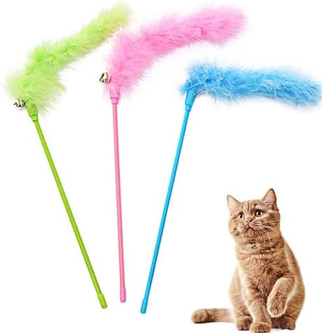 Cat Wand Toys, 3 PCS Interactive Feather Wands Colorful Cat Teaser Wand