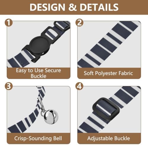 2 Pack Cats Collar Stripes Navy Blue White Decorative Pet Collar with Bell, Adjustable 10.6 to 17.1 Inches