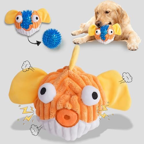 Squeak Dog Toys For Aggressive Chewers, Interactive Dog Toy Ball With Crinkle Paper, No Stuffing, Perfect For Medium Dogs, Large & Small Breeds (C-Yellow Fish)
