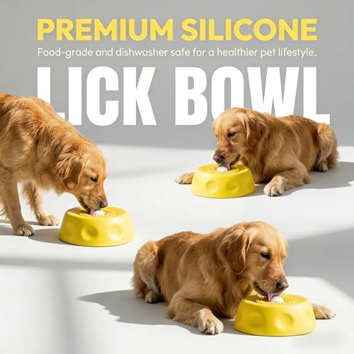 Slow Feeder Lick Bowl with Rolling Ball, Anti-Slip, Yellow