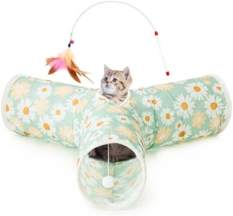 Tempcore Cat Tunnel, 3-Way Collapsible Toy, Large Size Daisy Green Printed
