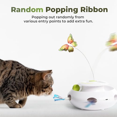 ALL FOR PAWS 3 in 1 Interactive Butterfly Flutter Cat Toy with Rolling Balls, Automatic Kitten Spinner Toys, Popping Feather Toy, Mental Stimulation for Indoor Cats, USB Rechargeable