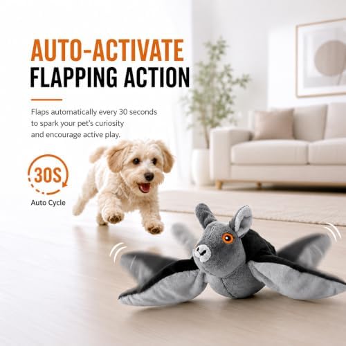 Flying Bat Toy for Dogs & Cats Realistic Bat Flight Flapping Wings Interactive Pet Toy with Chirping Mimics Real Flying Motion Detachable USB Rechargeable Hanging and Ground Play，1set