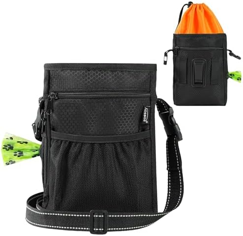 Aosbos Dog Treat Pouch with Built-in Poop Bag Dispenser & Easy-Clean Liner - Dog Training Treat Bag with Reflective Strap & Belt Clip, Black Orange