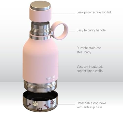 asobu Buddy Bottle, a Stainless Steel Insulated Water Bottle with Removable Dog Water Bowl and Dog Food and Treat Storage (Pink, 37 Oz)