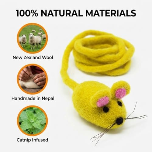 Glaciart One Felt Mouse Cat Toy – Soft Fuzzy Enrichment 100% Natural Wool - Interactive Catnip Play Cat Toy Set - Safe for Pets, Non-AZO Colored Dyes - 42” Long