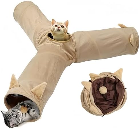 Cat Tunnel 3 Way Collapsible, Cat Ear Design with Crinkle Sound, Indoor Cat Toys Interactive, 4 Peek Holes Pet Play Tube for Cats, Kitten, Puppy, Rabbit, Brown (3-Way Brown Cat Ears)