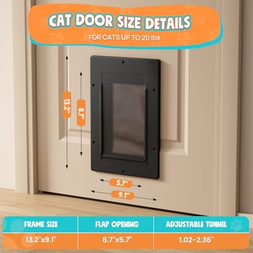 Cat Door for Interior & Exterior Doors, Pets Up to 20 lb, Black | Soft Magnetic Flap, Sliding Lock Panel, Adjustable Tunnel, Save energy, Prevents Paw Pinching, Easy DIY Installation