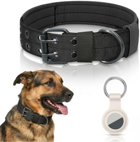 Tactical Nylon Dog Collar with Heavy-Duty Double-Hole Buckle, Breathable Anti-Choke Padding for Medium, Large, Extra Large Dogs - Include Smart Tag Case & 2 Sticky Patches