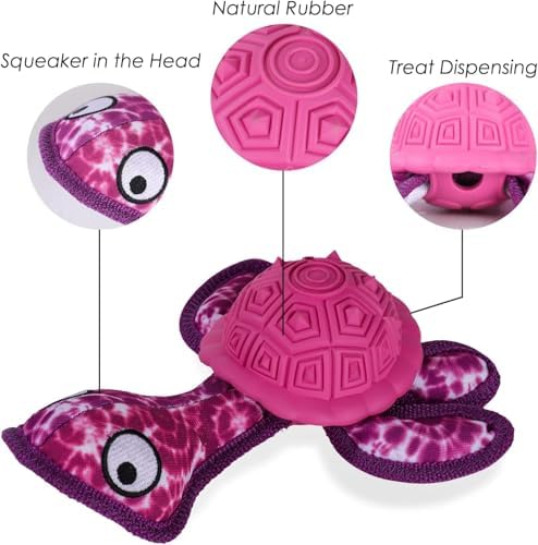 Squeaky Turtle Dog Toy, Treat Dispensing Rubber Ball, Bite Resistant Plush Chew Toy, Interactive Tug & Fetch Enrichment Toy for Medium & Small Breeds, Safe & Engaging for Puppies (Purple)