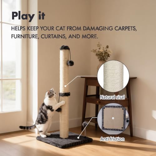MECOOL 34“ Tall Cat Scratching Post Premium Basics Kitten Scratcher Sisal Scratch Posts Trees with Hanging Ball for Indoor Cats (34 inches for Adult Cats, Charcoal Gray)
