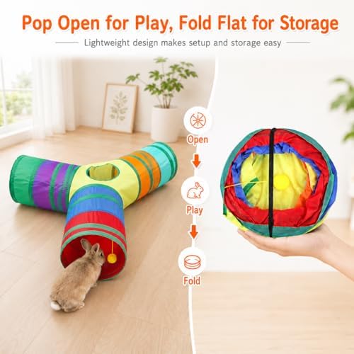 Rabbit Tunnel Collapsible 3 Way Tunnels and Tubes with Interactive Ball Bunny Hideout - Small Animal Activity Tunnel Toys for Dwarf Rabbit, Guinea Pig, Kitty