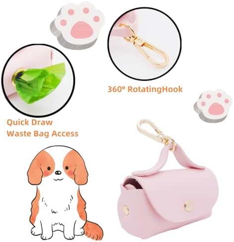 Leather Poop Bag Holder Dispenser for Leash, Portable and Reusable Dog Poop Dispenser, Dog Bag Holder for Walking, Outdoor, Travelling (Pink)