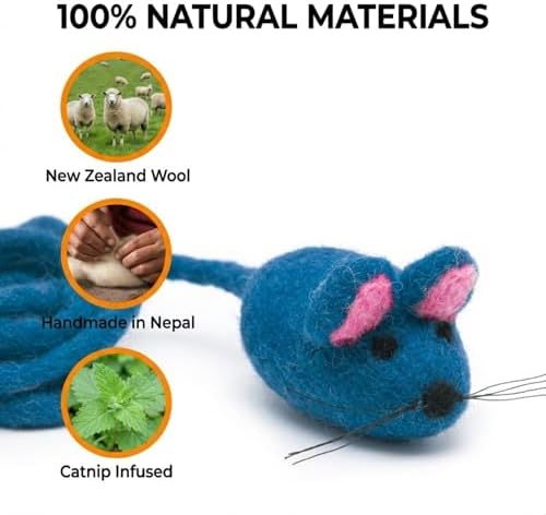 Glaciart One Felt Mouse Cat Toy – Soft Fuzzy Enrichment 100% Natural Wool - Interactive Catnip Play Cat Toy Set - Safe for Pets, Non-AZO Colored Dyes - 42” Long