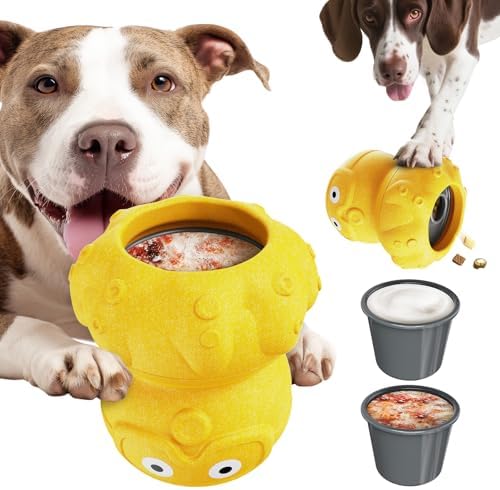 OYR 3-in-1 Dog Frozen Treat Ball - 30 Min Mental Stimulation for Large Dogs, Durable Puzzle Feeder for Aggressive Chewers Anxiety Relief Chew Toy with Treat Dispenser(Yellow)