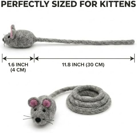 Glaciart One Mini Felt Mouse Cat Toy – Kitten & Small Cat Size, Natural Wool Catnip Toy, Soft Fuzzy Interactive Play Toy for Indoor Kittens, Safe Non-AZO Dyes, 1.4” Body with 12” Tail