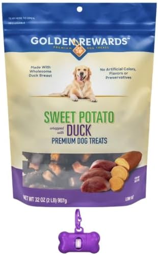 Golden Rewards Duck Wrapped Sweet Potato Dog Treats Grain-Free, No Artificial Colors or Flavors, No Corn or Soy, with Bone Waste Bag Dispenser and Roll (32 oz)