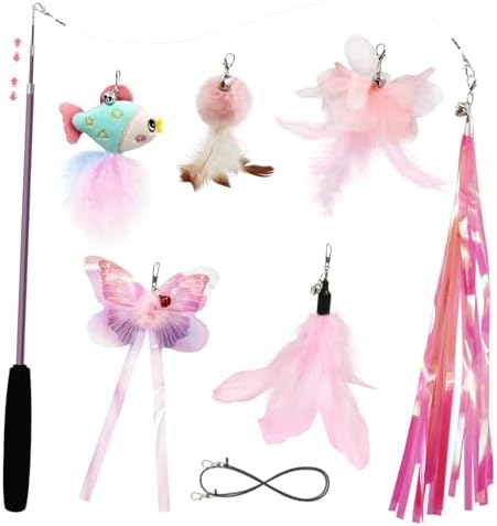 SONGWAY Cat Wand Toys for Indoor Cats - Cat Toy Set with Retractable Teaser Wand and 6 PCS Fairy Feather Toy Refills, Butterfly Tassel Plush Cat Toys Interactive, Pink