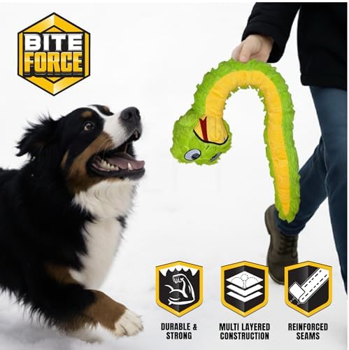 Bite Force -Durable & Strong Dog Toy Slither The Snake with Squeaker, Kevlar-Reinforced for Aggressive Chewers for Small Medium Large Dogs - Green.