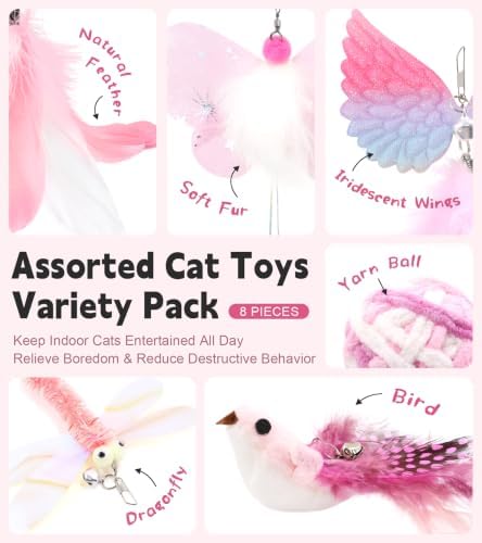 SONGWAY Interactive Cat Wand Toy Set - Retractable Cat Teaser Wand with 8 PCS Cat Toy Attachments, Dragonfly Butterfly Bird Mouse Yarn Ball Tassel Feather Cat Toy Refills for Indoor Cats Kittens, Pink