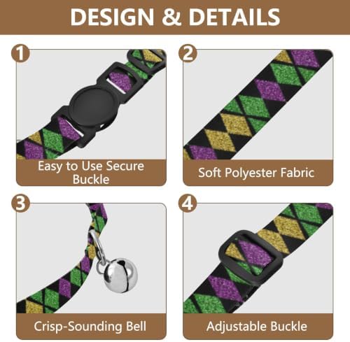 2 Pack Kitten Collar Mardi Gras Argyle Black Cat Collar Breakaway with Bell, Adjustable Length 10.6" to 17.1"