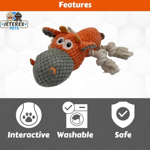 Large Dog Toy - Orange Cow Squeaky Dog Toys for Large Dogs, Med and Small Dogs. Durable with Pineapple Plush Fabric, Rope Legs, Hidden Seams, Reinforced Stress Points, Embroidered Eyes