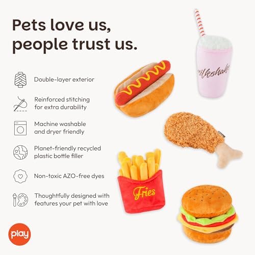 P.L.A.Y. Cute Plush Dog Toys - Fast Food Themed Durable Giggle Chew Toy, Great for Puppies & Small, Medium, Large Dog - Machine Washable, Recycled Materials (American Classic 5 Piece Set, Medium)