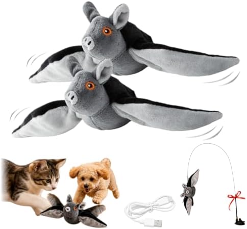 Flying Bat Dog Toy, Flapping Bat Dog Toy for Dogs & Cats, Flapping Wings Interactive Pet Toy with Chirping Sounds, Hanging and Ground Play with Detachable USB Rechargeable，2pcs