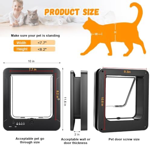Smart Cat Door for Interior & Exterior, Cat Pet Door with 3 Collar Sensor Keys & 1 Remote Control & 4 Way Locking Cat Flap with RFID Collar Activated Opening SmartPetDoor