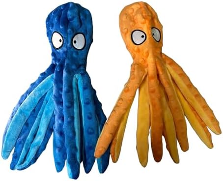 Squeaky Octopus Dog Toys - no Stuffing Crinkle Plush Dog Toy - Pack of 2 (Orange and Blue)