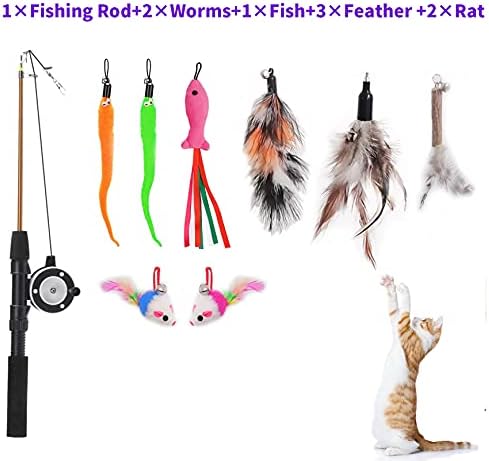 Retractable Cat Teaser Wand Toy, Cat Toys for Indoor Outdoor Cats Interactive Fishing Rod with 8 Pcs Refills Feather Toy, Plush Mouse Caterpillar & Fish