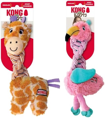 KONG Knots Twists Dog Toys, 2-Pack Assorted – Durable Braided Rope with Squeaker, Minimal Stuffing, Soft & Tough Chew Toy for Thrashing & Teeth Cleaning (Small/Medium)